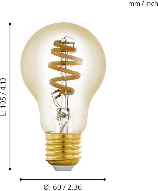 Gouden LED-lamp met spiraalfilament, E27 fitting, 10,5cm hoog, 6cm breed.