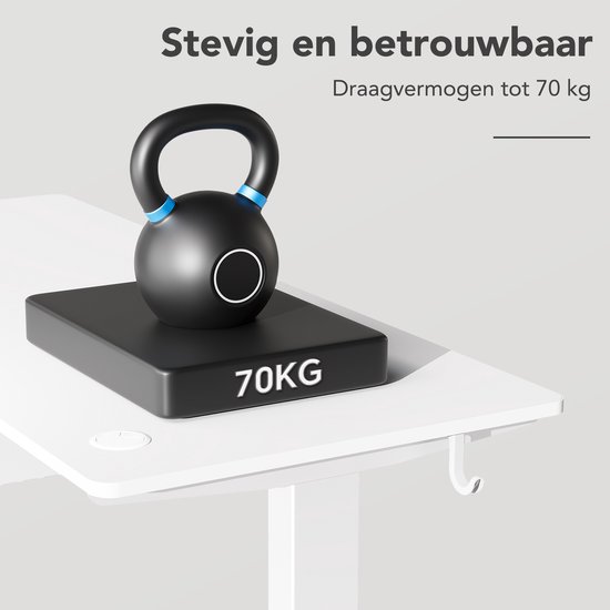Zwaar zwart kettlebell op een wit bureau, met tekst '70KG'. Stevig en betrouwbaar, draagvermogen tot 70 kg.