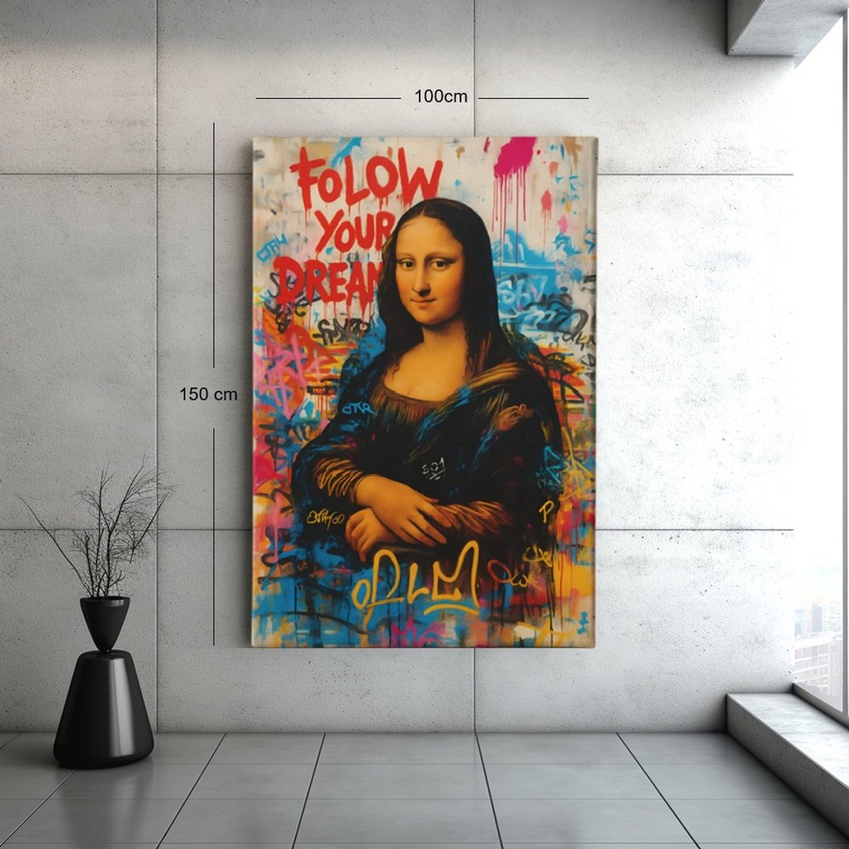 Trendex Global Canvas Schilderij - Graffiti Mona Lisa - Street Art - 90x60x2 cm Kleurrijk