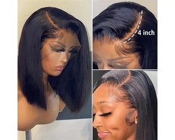 Zwarte korte bobpruik | High-definition kant voor met lijmvrije applicatie | Echt mensenhaar voor natuurlijke, alledaagse kapsels (25 cm)