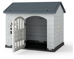 Niche voor Honden van Kunststof Binnen- en Buitenverblijf met Vergrendelbare Deur 3 Ramen Hellend Dak Waterdichte Kooi Grijs