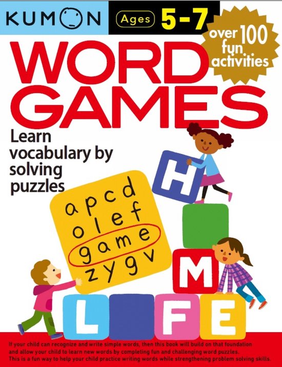 Kumon Woordspelletjes boek voor kinderen van 5-7 jaar, met meer dan 100 activiteiten om woordenschat te leren door puzzels op te lossen. Afbeelding toont kinderen die met letters spelen.