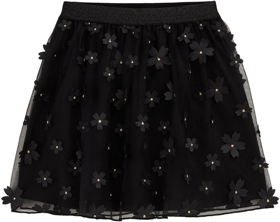 Zwarte tule rok met bloemenapplicaties en glitterband.