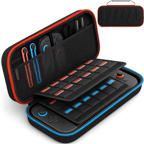 Sounix Case Geschikt voor Nintendo Switch 2 - Met opbergvak voor 24 games - Extra hoog Hoesje - Waterdicht en schokbestendig - Zwart/Blauw/Rood