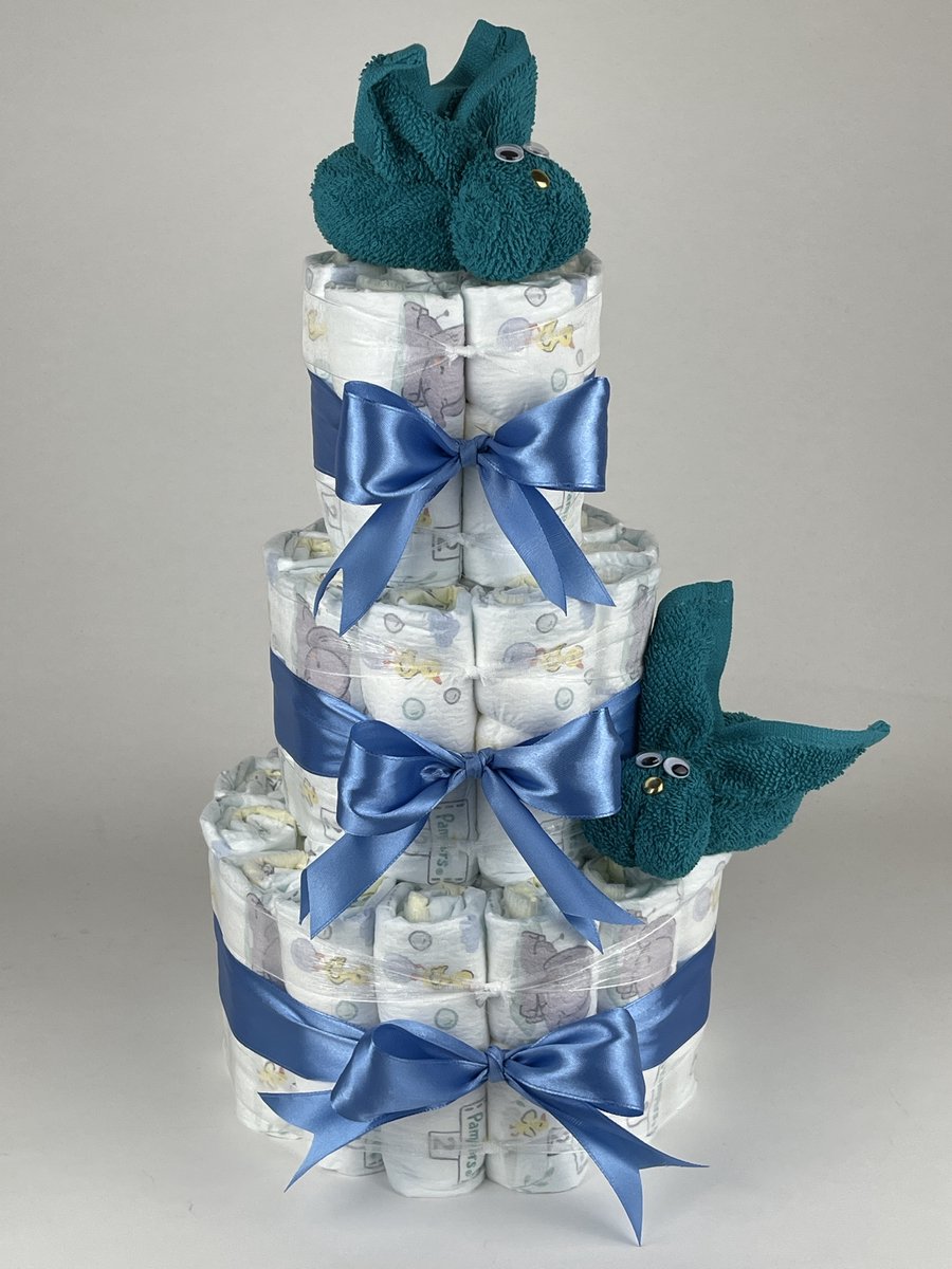 Chouette-Chouette | Luiertaart Jongen | Kraamcadeau | Geboorte Jongen | Babyshower | Konijnen Lake groen - diep Blauw