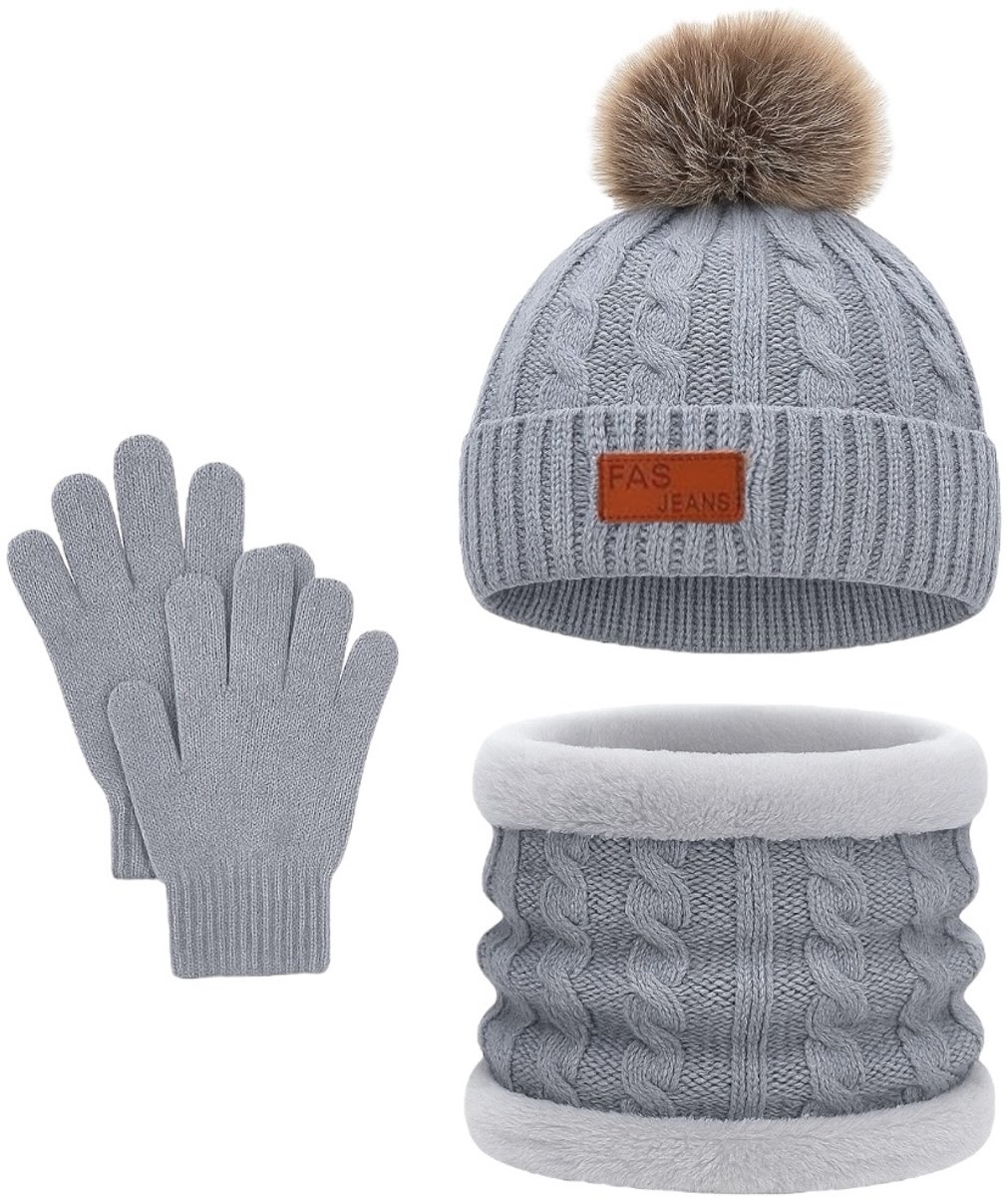 OZERO Kinder Winter Set (6-12 jaar) - Gebreide muts, sjaal en thermo handschoenen met fleecevoering, antislip handschoenen, warm 3-delig set voor jongens & meisjes, buiten spelen & kleuterschool, wit