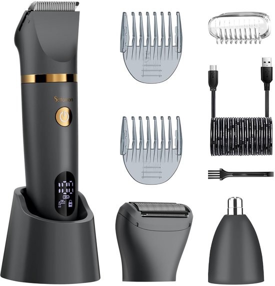 Hatteker 3-in-1 Elektrische Heren Trimmer – Baardtrimmer, Lichaamshaartrimmer & Neustrimmer – LED Display, Waterdicht, USB Oplaadbaar – Grijs