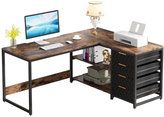Betaalbare Goederen® Hoekbureau - Bruin - Bureau Organizer - Elektrisch Bureau - Verstelbaar - Thuiskantoor - Studeren