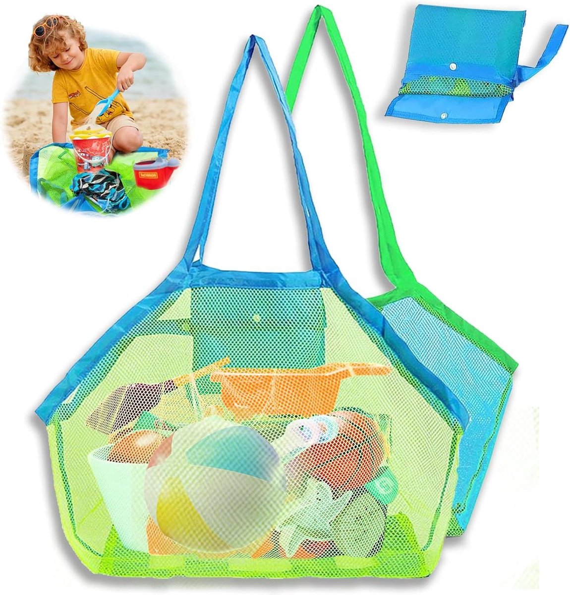 Allecto plus - Strandtas voor kinderen - 2 stuks - Opvouwbare nettas voor zandspeelgoed - Handige kinderopbergzak - Ideaal voor familievakantie