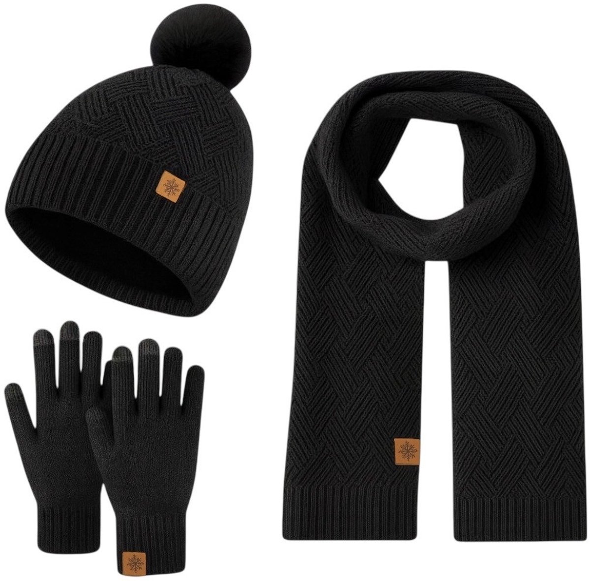 Ultiluxe® Winterset voor dames - Muts, sjaal en handschoenen - Zwart - 3-delige set - Volwassenen - Gevoerde beanie met pompom - Lange sjaal - Touchscreen handschoenen - Warme winteraccessoires voor vrouwen - Tegen kou en wind