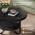 Zwarte ronde salontafel met een houten nerfpatroon en een dik blad van 1.97 inch. Waterdicht, krasbestendig en makkelijk schoon te maken.