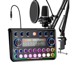 Podcast-uitrustingsbundel - Audio-interface met studiocondensatormicrofoon voor smartphone en pc - Plug-and-Play Live-geluidskaart - Perfect voor Streamen, Zingen, YouTube & Gamen - microfoon arm - Streaming Deck - DJ Mixer
