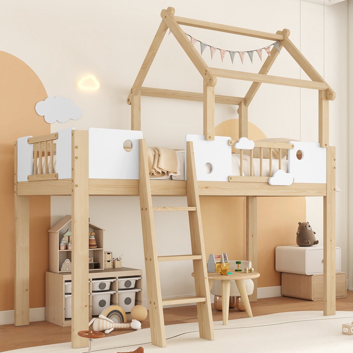 HAUSS SPOLE Hoogslaper - 90x200 - Kinderhoogslaper Met Valbeveiliging En Schuine Ladder - Massief Hout - Natuurlijk
