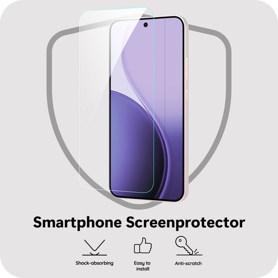 Telefoon met paars kleurenschema scherm naast een schermprotector van gehard glas, binnen een schildvorm. Tekst: 'Smartphone Screenprotector Shock-absorbing, Easy to install, Anti-scratch'.
