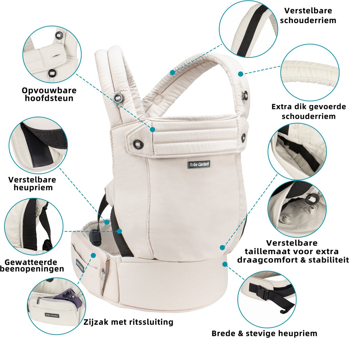 Baby Garden Premium baby draagzak van katoen - Ergonomisch & Comfortabel - met Nekstondersteuning - Tot 15 kg - Incl. Slabbetje - Beige – foto 6