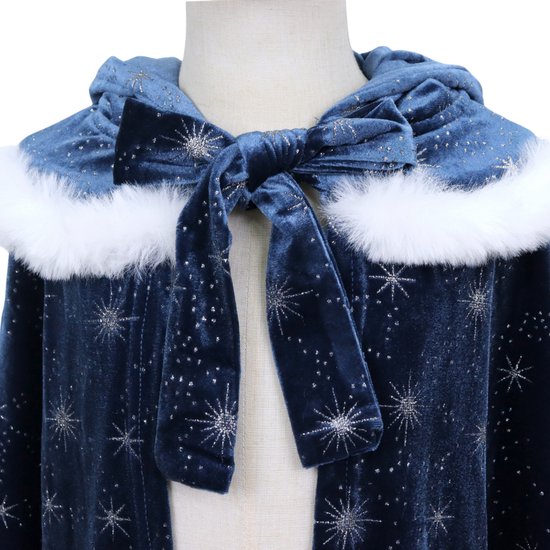 Joya Kids® | Cape de princesse d'hiver de Luxe pour enfant | Velours bleu foncé avec étoiles | Cape de déguisement pour fille avec capuche et fourrure blanche | Cape de la Reine des Glaces | 72 cm | Déguisement d'hiver | Édition de luxe