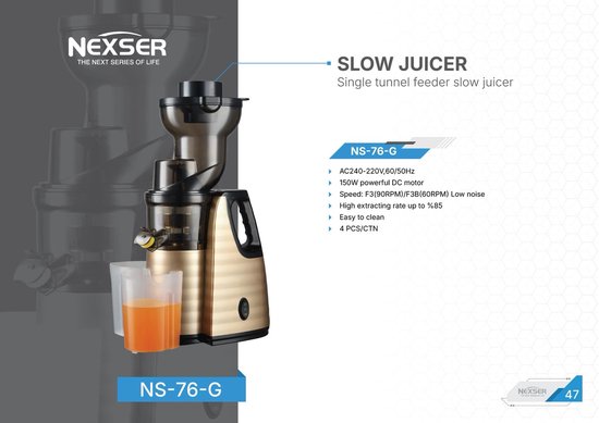 Nexser 150W Slow Juicer - Professionele Langzame Juicer met Grote Vulopening - RVS Mes & Zelfreinigend - Goud van Nexser — afbeelding 2