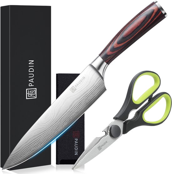 PAUDIN N1 Professioneel Koksmes Inclusief Keukenschaar - Japans mes - Keukenmes - Koksmes 20 cm - Damascus mes