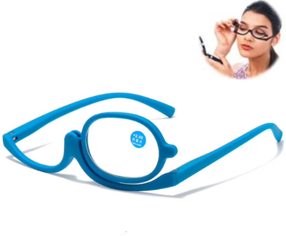 Make-up Bril – +2 sterkte – Vergrotende Bril voor Mascara & Eyeliner – Draaibaar Lensmontuur – Handige Bril voor Make-up Aanbrengen – Blauw – +2 sterkte