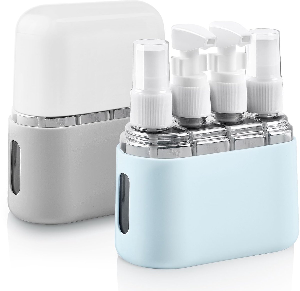4-in-1 Reisset Flessenset – 8x 50ml Hervulbare Reisflesjes met Spray & Pomp – Lekvrij, Herbruikbaar & TSA Goedgekeurd – Inclusief 2 Draagbare Opbergdozen