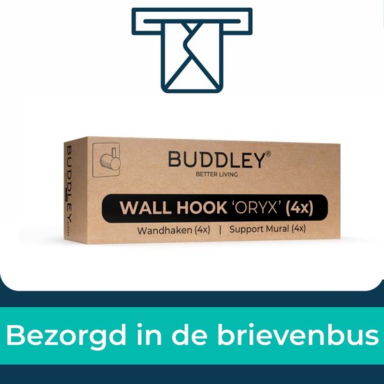 Verpakking van BUDDLEY wandhaken met de tekst 'Bezorgd in de brievenbus'.