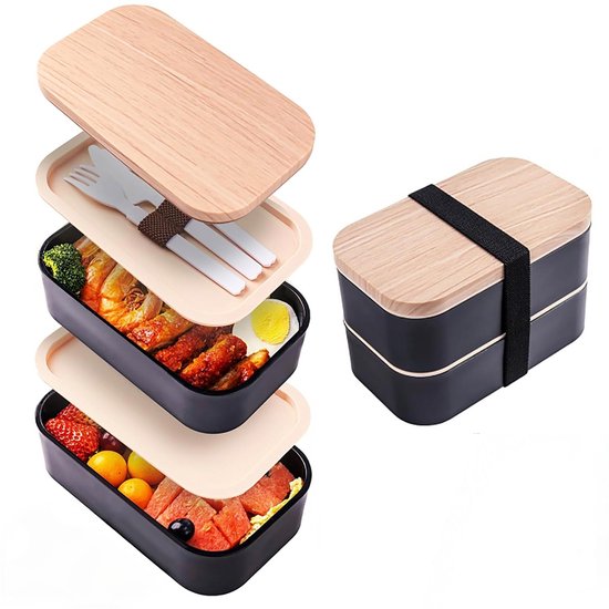 Gsedaox- Broodtrommel- Lunchbox- Brooddoos-Vershouddoos-Bento Box- Lepel en vork inbegrepen- Zwart