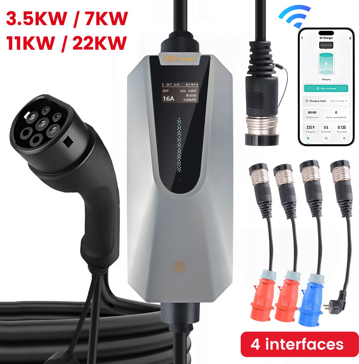 JUNSUN APP/WIFI Elektrische Laadpaal Type 2 | 6-32A | 3.5KW-22KW Snel Ladend | Draagbare Verstelbare Stromsterkte | Autotoebehoren met 5M Kabel