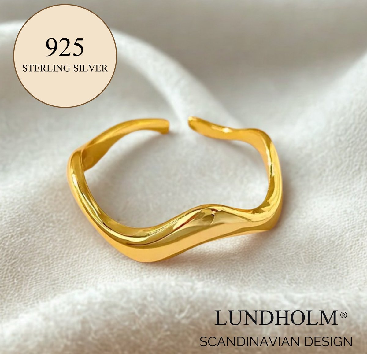 Lundholm 925 Sterling Zilveren Ring Gold Plated Golvende Vorm Geometrisch - Luxe Dames Ring Verstelbaar - Charlie Serie - Vrouwen Cadeautjes cadeau voor Vrouw - Scandinavisch Design