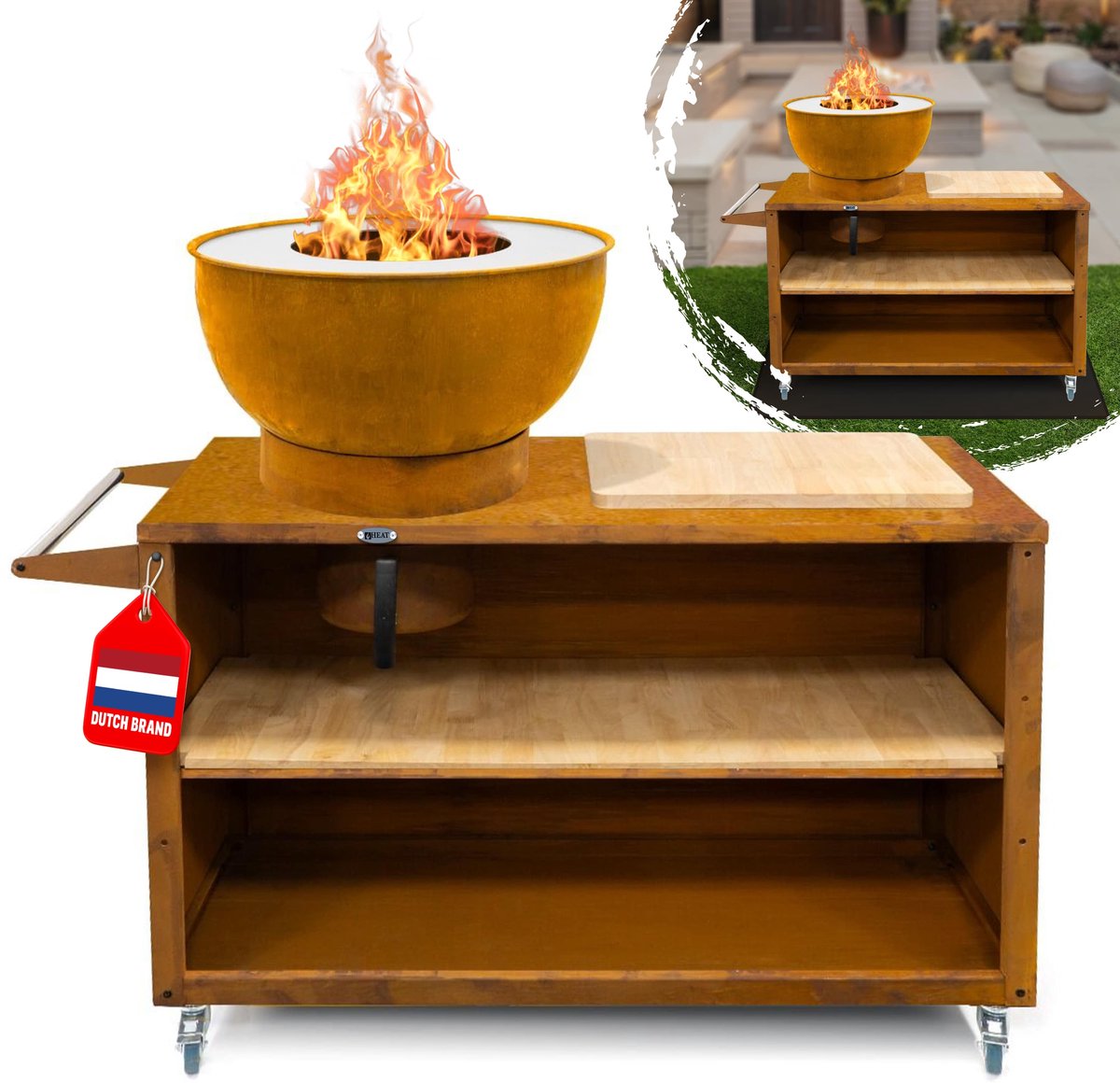 HEAT Outdoor Living Buitenkeuken Trolle Roest - Barbecue met Opslag - Mobiele Buitenkeuken - Barbecue Plancha - Grillen - Staal - Incl. Snijplank - Sfeervolle Avonden met Vrienden en Familie - 117x46x106cm