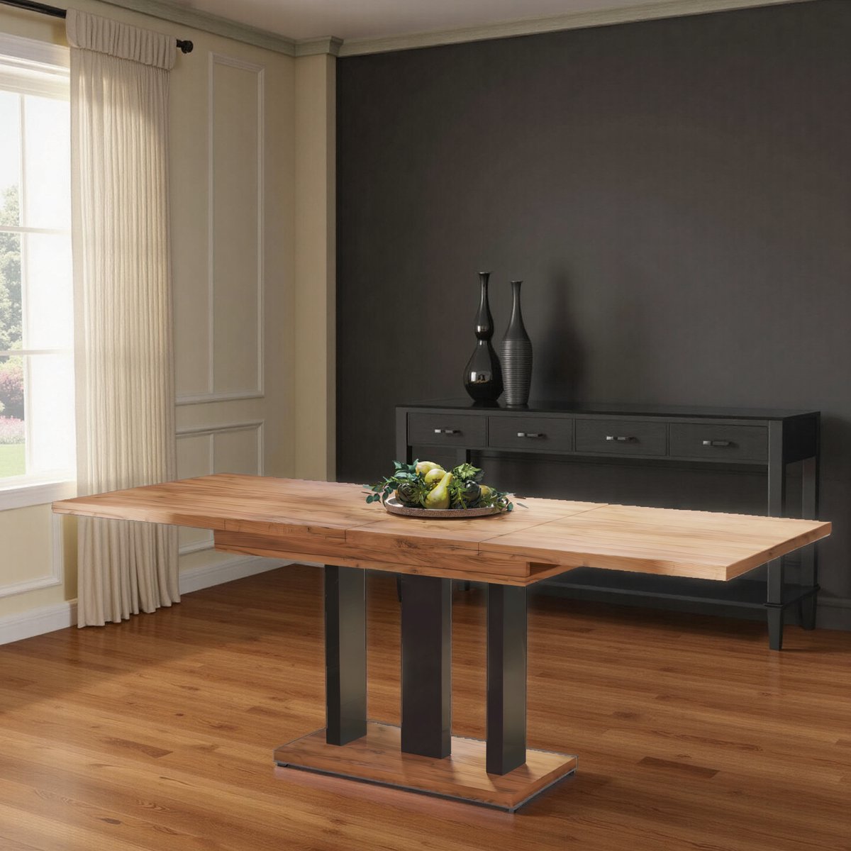 Amplius Extendable Dining Table – Gold Oak with Matte Black Legs – Seats 8 – Elegant Wooden Veneer Table for Kitchen & Dining Room ganeey