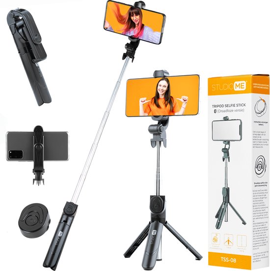 Studio ME 3 in 1 Selfie Stick Tripod - Selfiestick Universeel - Foto en Video - Bluetooth Afstandsbediening - Telefoonhouder - Telefoon statief