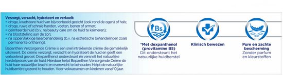 Uitleg Bepanthen Verzorgende Crème: met Dexpanthenol, klinisch bewezen, puur en zacht.