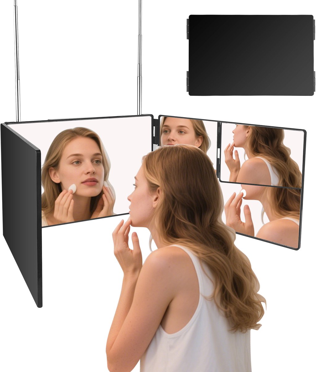 Skynzor Kapperspiegel - 360 Graden Spiegel - Reisspiegel - Makeup Putting Spiegel Stand - Cosmetica Spiegel Muur - 3 Delige Spiegel - Badkamerspiegel - Zelfkapselspiegel - 3-Weg Spiegel met Haken - Inklapbaar en Verstelbaar -Zwart