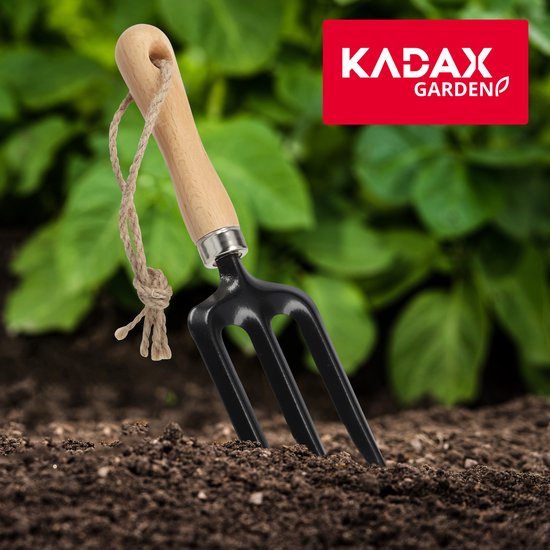 KADAX Kleine bloemenvork van metaal, grafvork met comfortabel houten handvat, tuinvork, grafvork, tuinvork met afgeronde randen, tuingereedschap (3 tanden, zwart) van KADAX — afbeelding 5