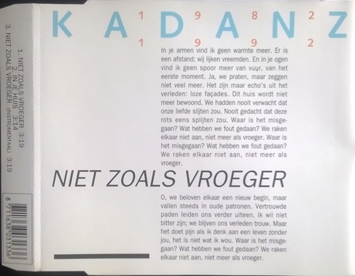 Kadanz – Niet Zoals Vroeger CD Single