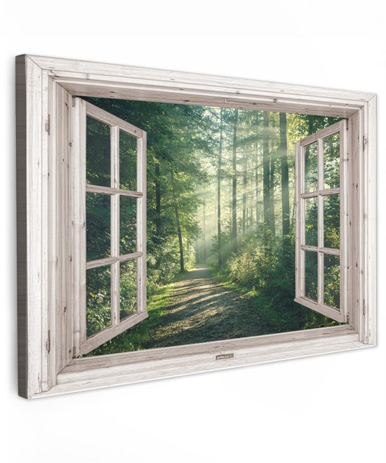 Tableau jardin extérieur 90x60 cm - Décoration de jardin Forêt - Vue à travers - Nature - Arbres - Fenêtre Wit - Poster jardin sur toile - Décoration murale Jardin - Décoration tableau extérieur - Décoration murale clôture - Toile extérieur