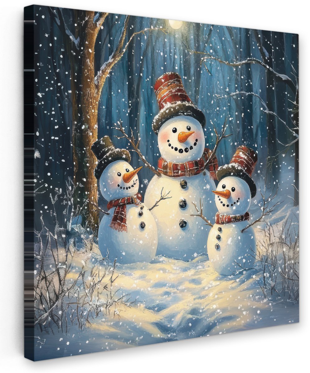 Tuindecoratie Sneeuwpop op canvas voor buiten, winterthema, bosachtergrond, 80x80 cm, kerstversiering.