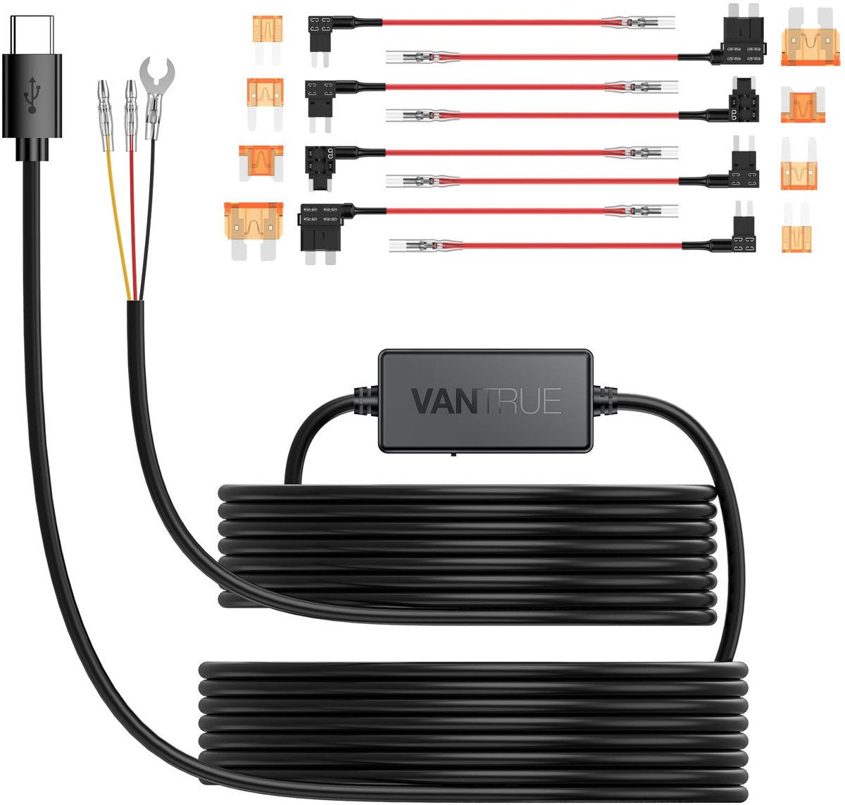 Vantrue 11,5 ft USB-C Hardwire Kit (12V–24V naar 5V) met Acc-functie en onderbrekingsbeveiliging voor N4(S)/N4 Pro(S)/N5(S)/N2X/E1 Pro/E360/ACE/E1 Lite/E2/S1 Pro(MAX)