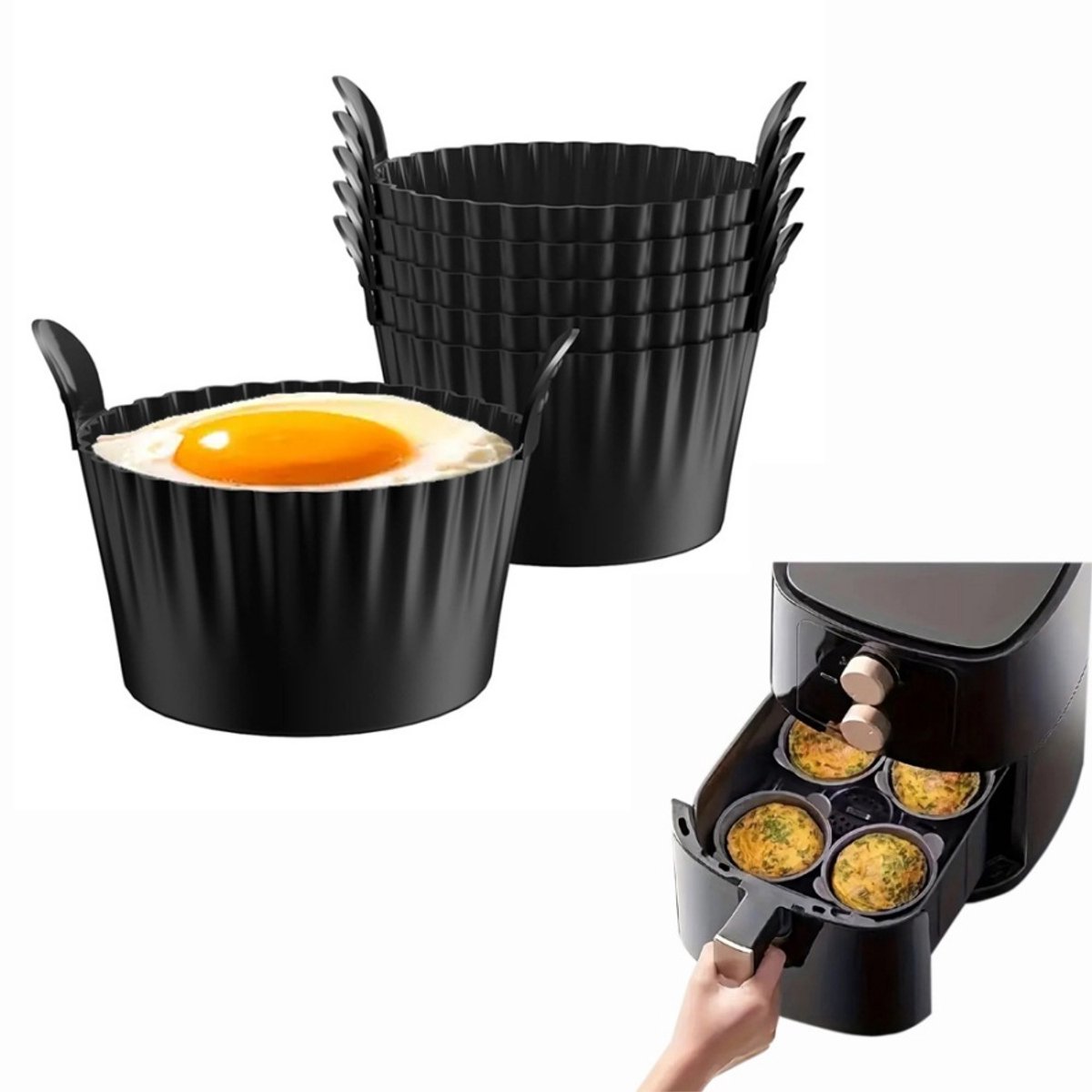 Daity 6-pack - Airfryer siliconen bakvormpjes voor eieren - Airfryer siliconen bakvormpjes - BPA-vrij - geschikt voor alle Airfryers (zwart - 9*9*5,5 cm)