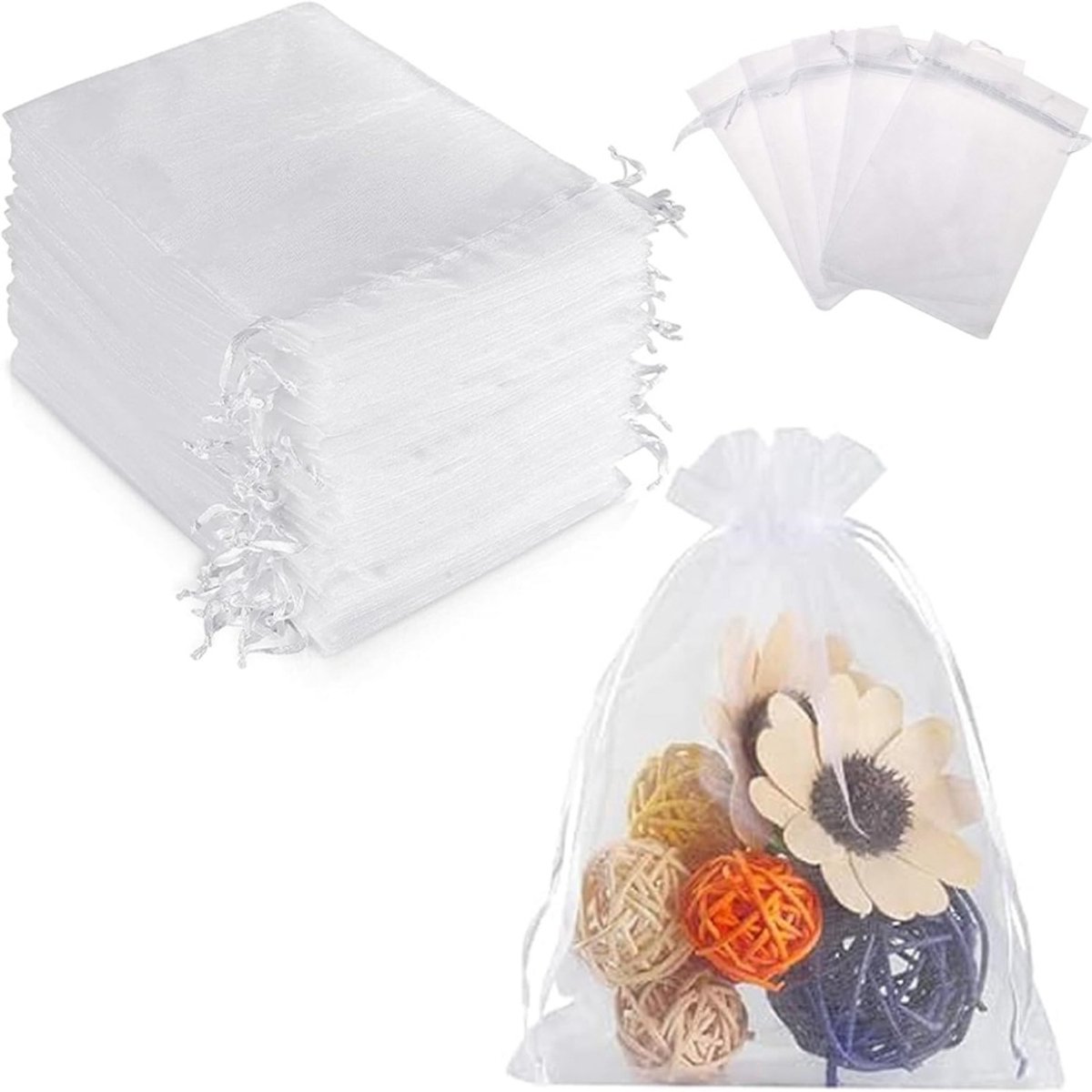 Daity 100 stuks - Organza zakjes, cadeauzakjes organza stof - trekkoord cadeauzakjes - witte bruiloft bedankjes zakjes - feestsieraden cadeauzakjes (wit，9*12cm)