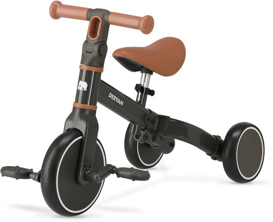 Een zwarte Deryan loopfiets met bruine handvatten en zadel, weergegeven als tweewieler.