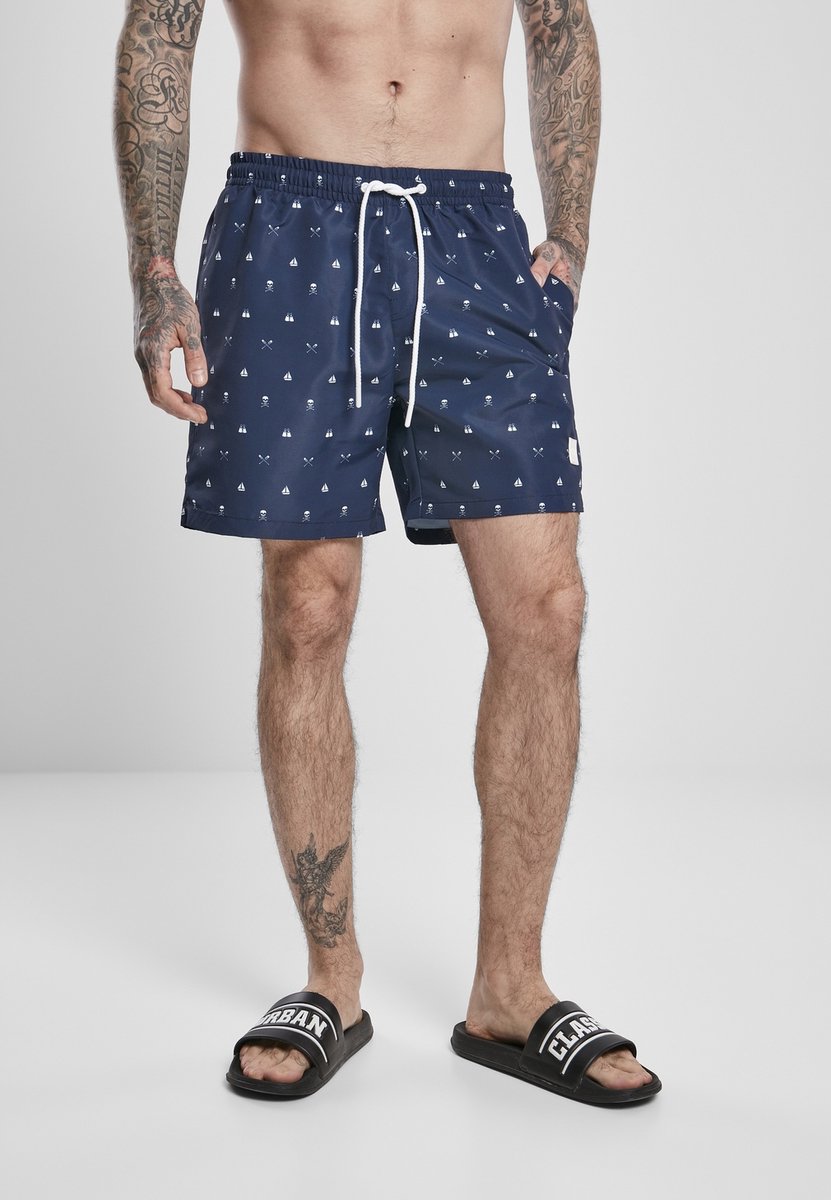 Urban Classics Pattern Skull and Yacht Zwemshorts L Blauw