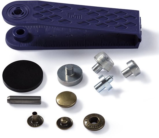 Boutons-pression Prym Anorak, 12mm, laiton vieilli. Pièces détaillées avec pince violette.