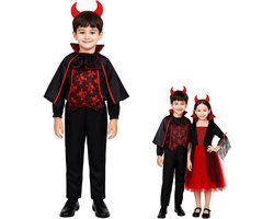 Joya Kids® | Vampier kostuum kind | Dracula verkleedpak jongen | Halloween kostuum met cape, duivelsoren & skelet shirt | Zwart en Rood Verkleedkostuum | Verkleedkleding Maat 120