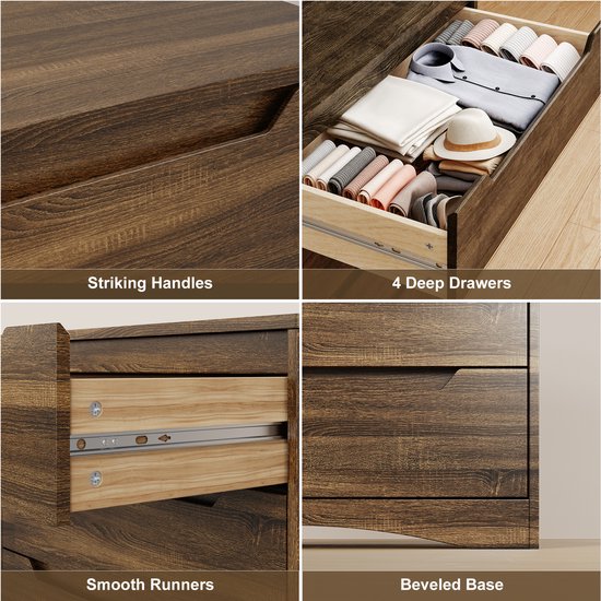 Détails d'une commode marron : poignées, 4 tiroirs profonds, glissières de tiroir lisses et base biseautée.