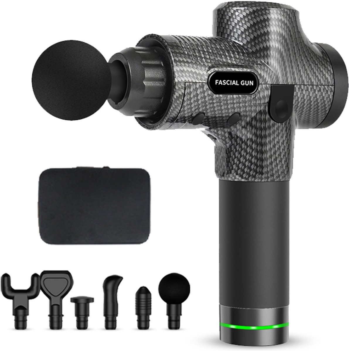 Gloovon - Massage Gun - Massage Pistool Inclusief Koffer - 6 Opzetstukken - 16 mm Dieptemassage - 30 snelheden - Stille - Massageapparaten - Koolstofvezelkleur