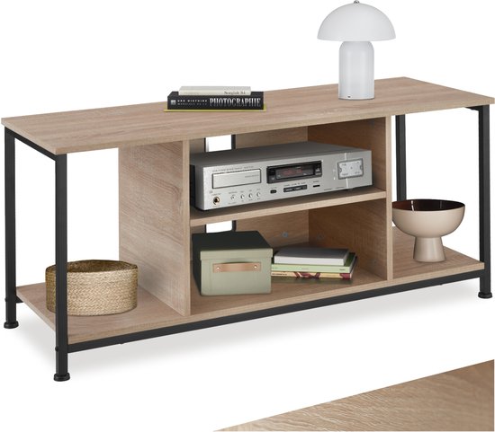 tectake® TV-meubel met 4 open vakken - Lowboard voor TV's tot 70 inch - Houten TV-dressoir met kabeluitsparingen - Industrieel design - Zwart metalen frame - Afmeting (LxBxH) 110 x 40 x 50,5 cm - Lichtbruin