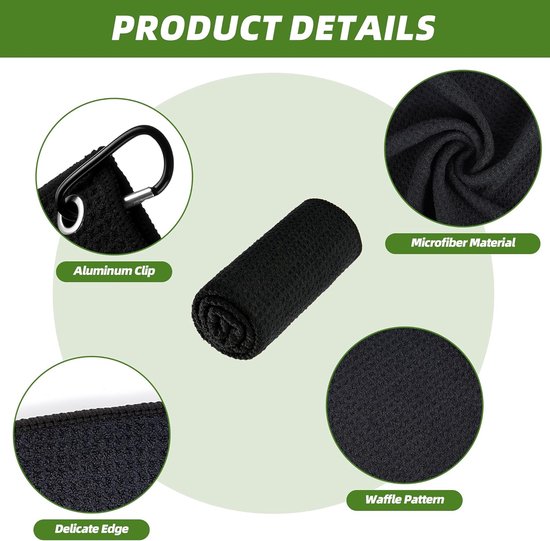 Drie-pack grijze, zwarte en groene microvezel golfhanddoeken, 40 x 40 cm, wafelpatroon met karabijnhaak, superabsorberend, kleine golfhanddoek, golftasaccessoires voor heren en dames, van Merkloos — afbeelding 4