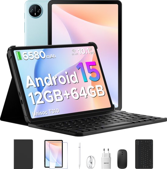 10,1 inch Android tablet, 2 in 1 tablet met Beschermhoes en Toetsenbord, Camera voor 8 MP en Achter 16 MP, 8 GB RAM, 256 GB ROM, Ondersteuning voor WIFI, BT 5.0 (blauw