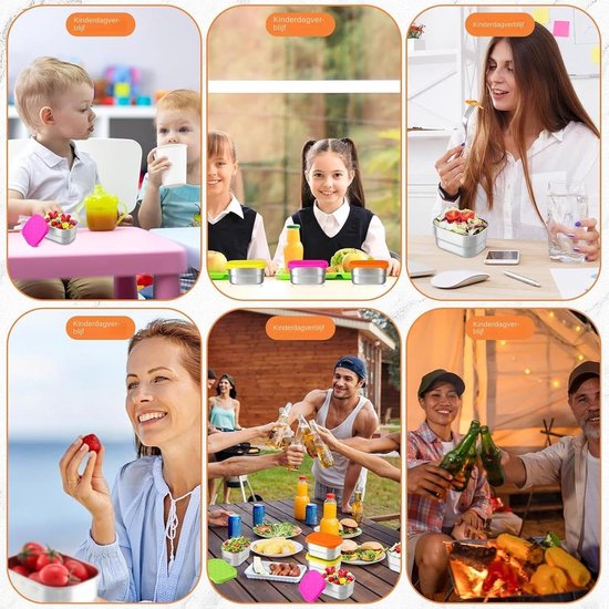 Collage van mensen die snackboxen gebruiken: kinderen, volwassenen, picknick, barbecue.